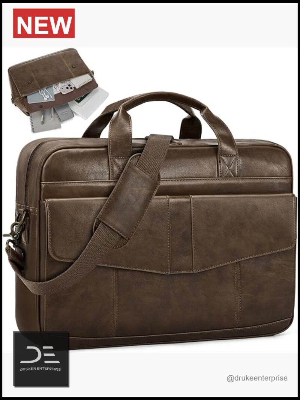 Vintage PU Leather Messenger Bag for 16" Laptop, Crossbody Briefcase
